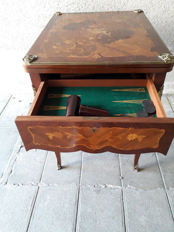 Early 20th century marquetry games table, decorated with flowers