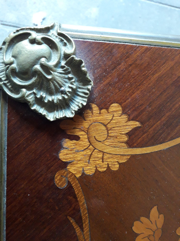 Early 20th century marquetry games table, decorated with flowers