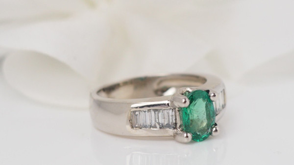 Ring In White Gold, Oval Emerald And Diamonds