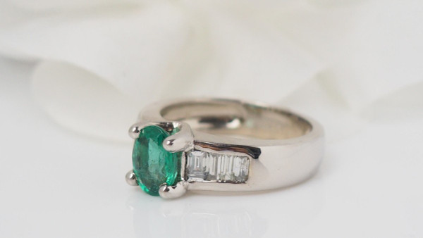 Ring In White Gold, Oval Emerald And Diamonds