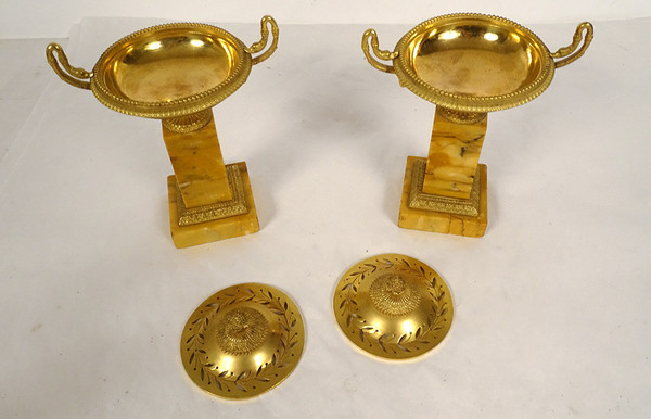 Pair of Empire Incense Burners in Bronze and Sienna Marble, 19th Restoration