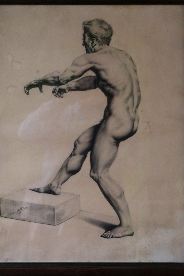 Charcoal Middle XIX Academy Of Man, Signed And Dated