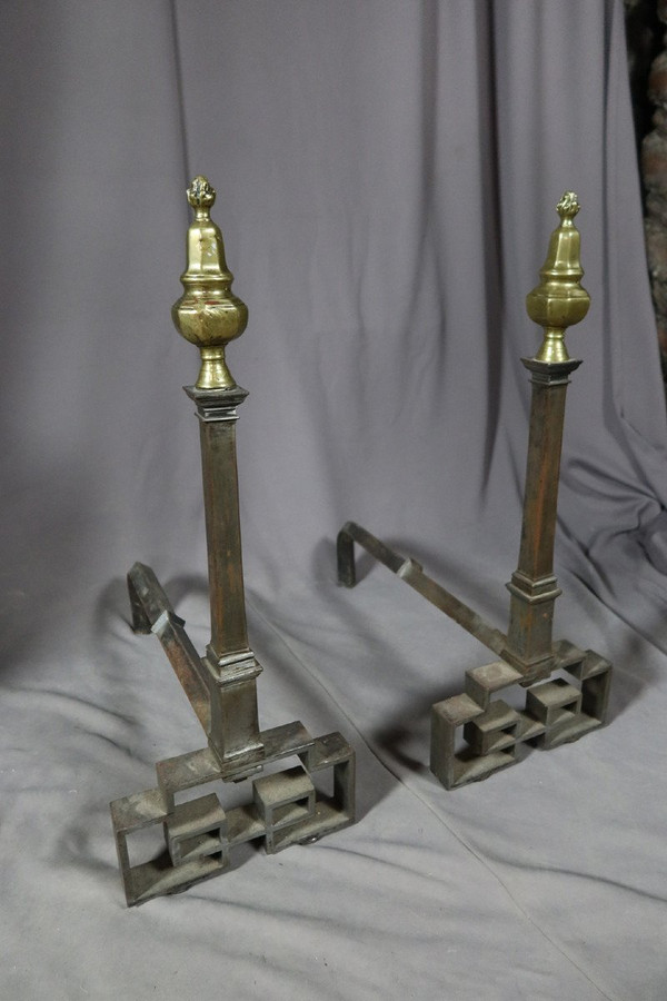 Andirons In Wrought Iron And Bronze