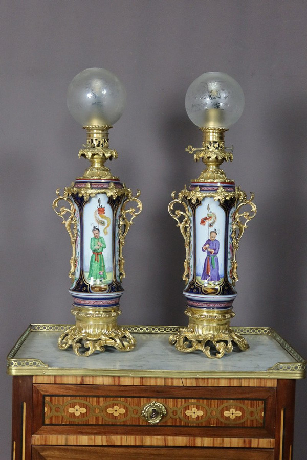 Pair Of Lamps In Bayeux Porcelain And Gilt Bronze 19th Century