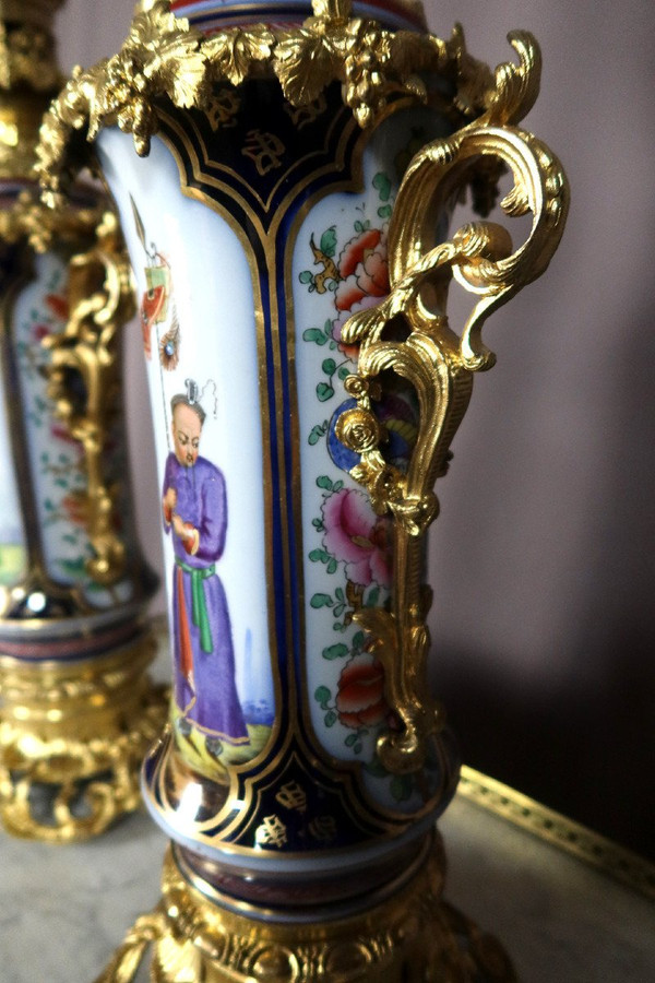 Pair Of Lamps In Bayeux Porcelain And Gilt Bronze 19th Century