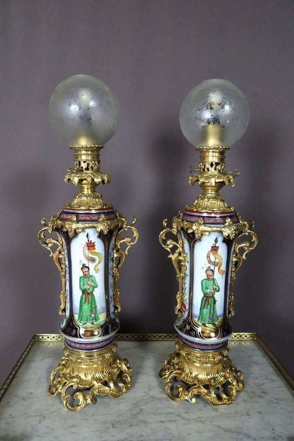 Pair Of Lamps In Bayeux Porcelain And Gilt Bronze 19th Century