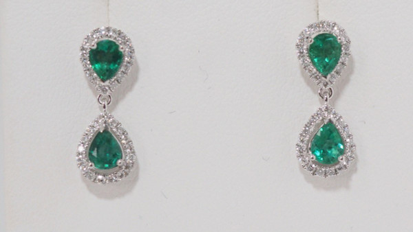 Pair Of Drop Earrings In White Gold, Emeralds And Diamonds