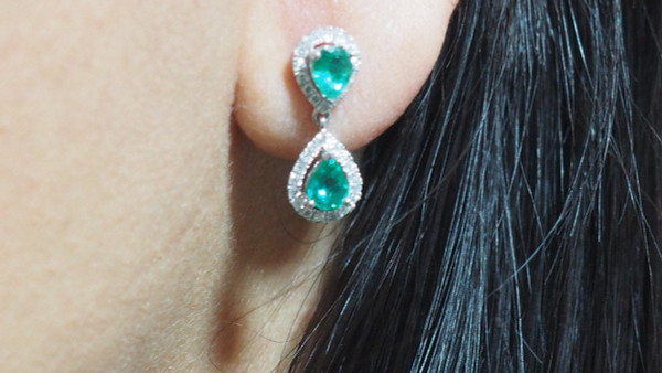 Pair Of Drop Earrings In White Gold, Emeralds And Diamonds