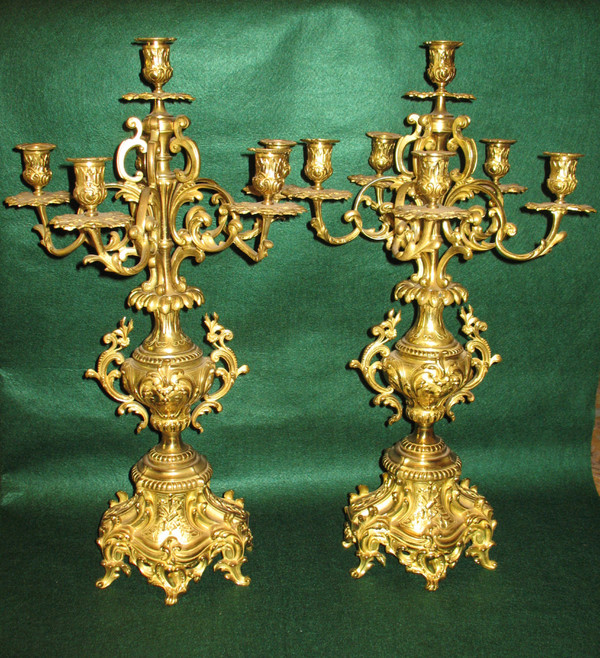 Pair of large 6-light gilt bronze rococo style candelabras, 19th century