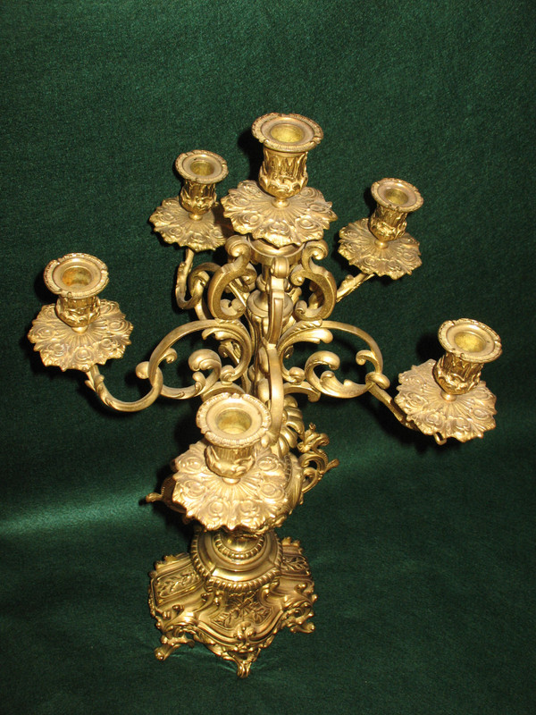 Pair of large 6-light gilt bronze rococo style candelabras, 19th century