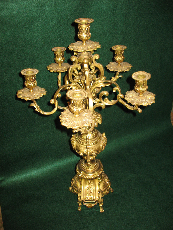 Pair of large 6-light gilt bronze rococo style candelabras, 19th century