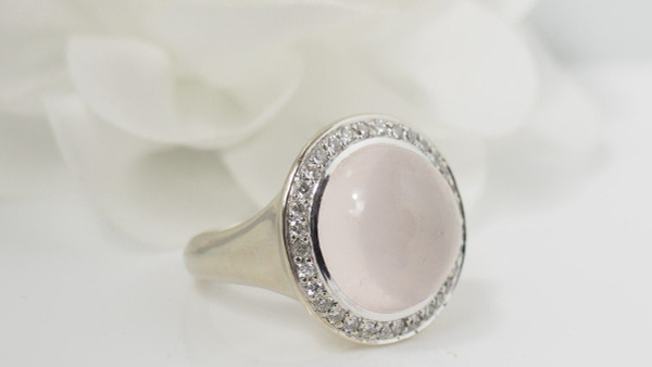 Anello In Bianco, Quarzo Rosa E Diamanti