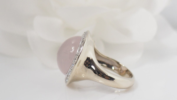 Anello In Bianco, Quarzo Rosa E Diamanti