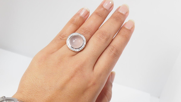 Anello In Bianco, Quarzo Rosa E Diamanti