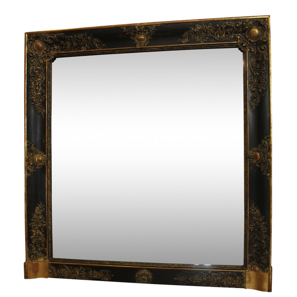 Miroir Ancien De Cheminée, patine noire et or, 100 X 106 Cm