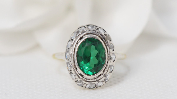 Old Ring In Yellow Gold And Silver, Green Stone And Diamonds