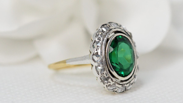 Old Ring In Yellow Gold And Silver, Green Stone And Diamonds