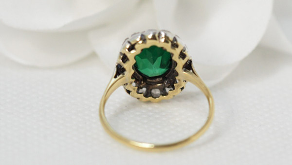 Old Ring In Yellow Gold And Silver, Green Stone And Diamonds