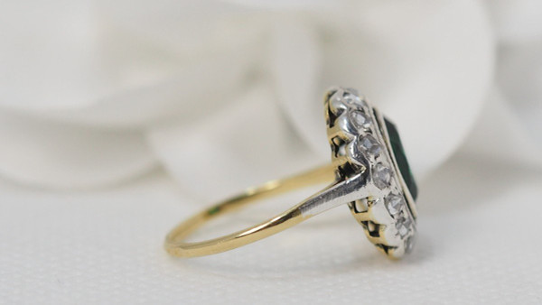 Old Ring In Yellow Gold And Silver, Green Stone And Diamonds