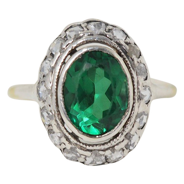 Old Ring In Yellow Gold And Silver, Green Stone And Diamonds