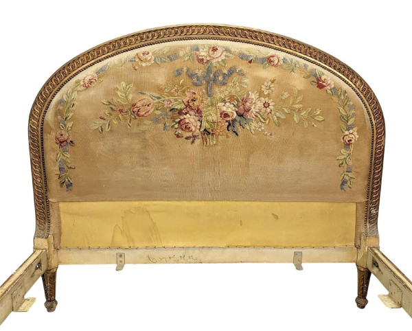 Louis XVI Style Bed Lacquered And Gilded Floral Tapestry 1900 Period