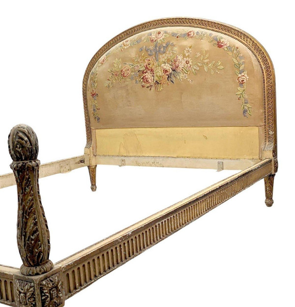 Louis XVI Style Bed Lacquered And Gilded Floral Tapestry 1900 Period