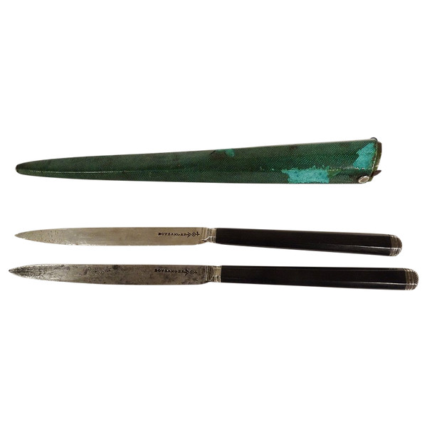 2 Traveling Knives in Silver, Steel and Ebony, Cutler Baker, 18th Galuchat Case