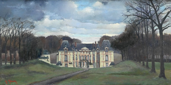 Großes Gemälde „Château de Gros Bois“, signiert A.Mémin – 1954