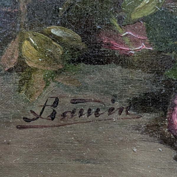 Oil On Canvas Still Life With Roses And Lilacs Signed Baudin, XIXth Century