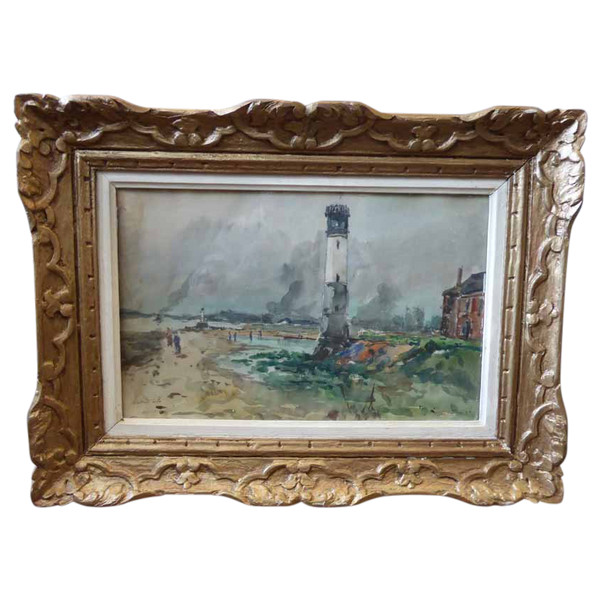 Marine Watercolor "The Lighthouse Of Honfleur" Signed Lavoine