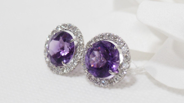 Earrings In White Gold, Round Amethysts And Diamonds