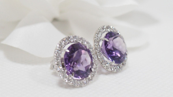 Earrings In White Gold, Round Amethysts And Diamonds