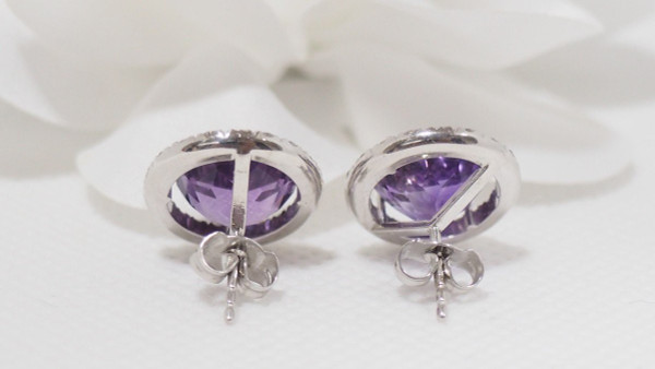 Earrings In White Gold, Round Amethysts And Diamonds