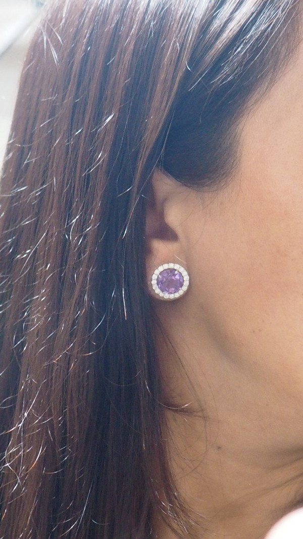 Earrings In White Gold, Round Amethysts And Diamonds