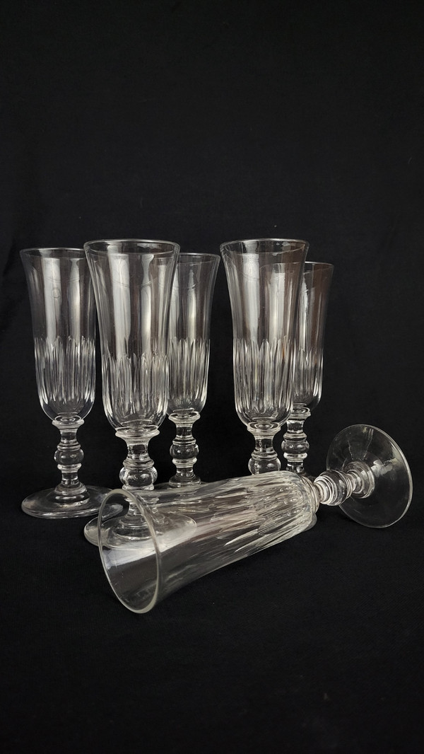 6 19th century crystal champagne flutes