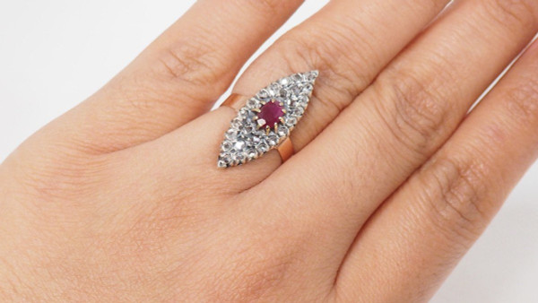 Marquise Ring In Bicolor Gold, Rubies And Roses