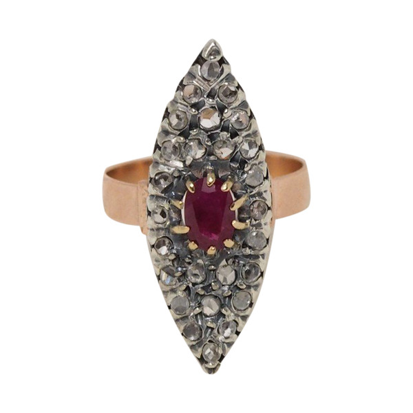 Marquise Ring In Bicolor Gold, Rubies And Roses