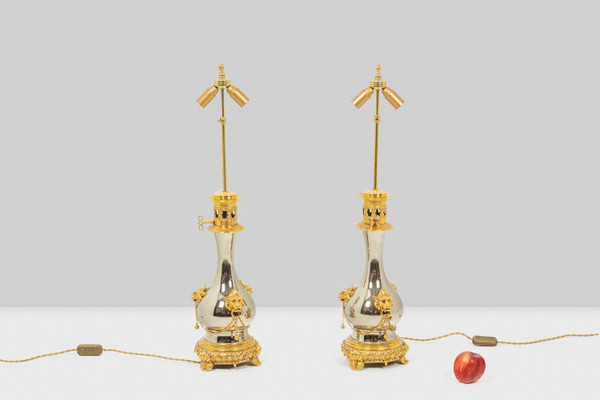 Pair of lamps in metal and gilded bronze, circa 1880