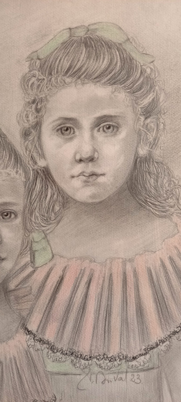 Portrait of two little girls/gray pencil drawing