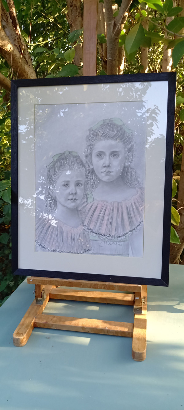 Portrait of two little girls/gray pencil drawing