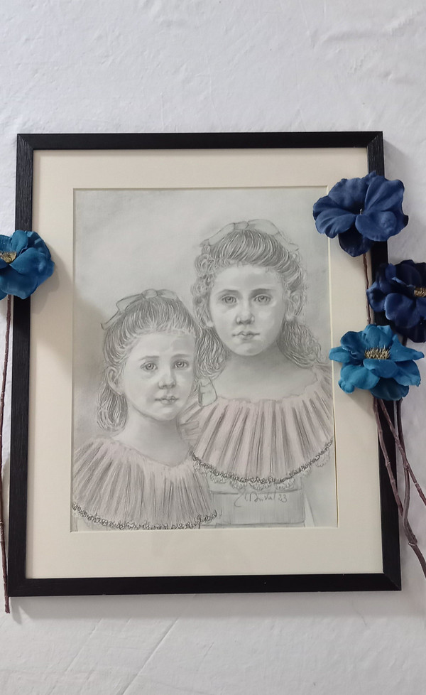 Portrait of two little girls/gray pencil drawing