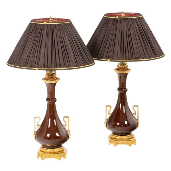 Pair of porcelain and gilt bronze lamps, circa 1880