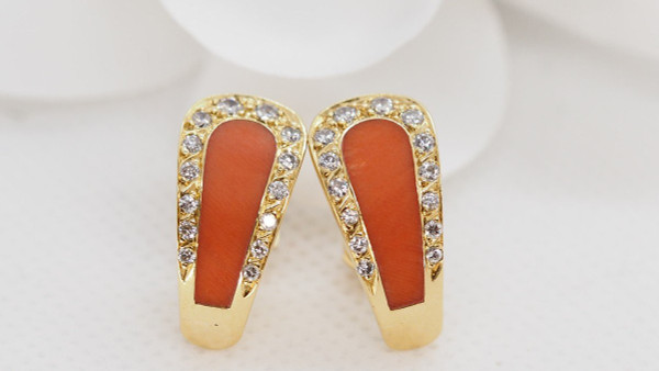 Yellow Gold, Coral and Diamond Earrings