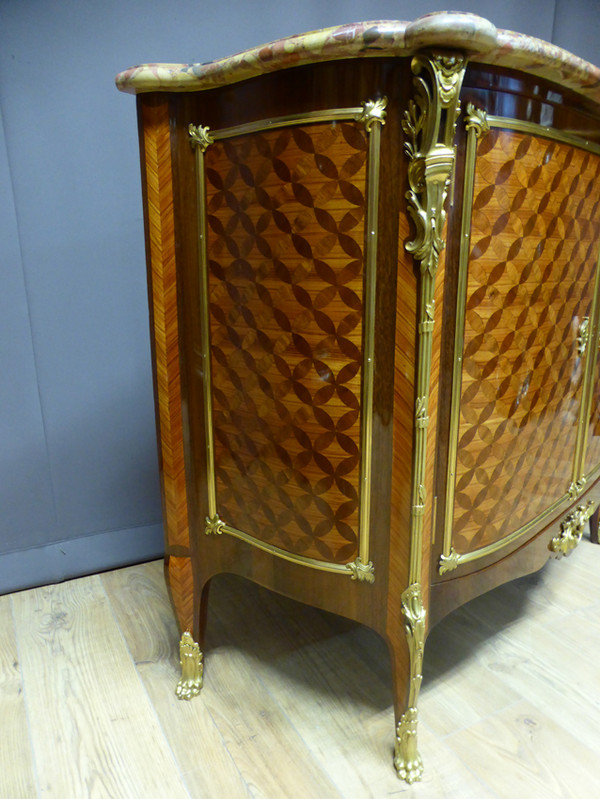 Marquetry sideboard stamped "Escalier de cristal Paris".