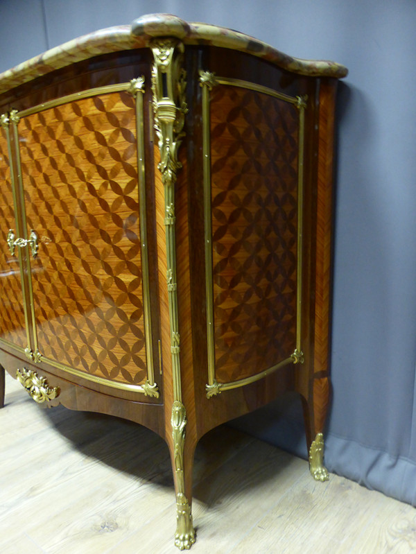 Marquetry sideboard stamped "Escalier de cristal Paris".