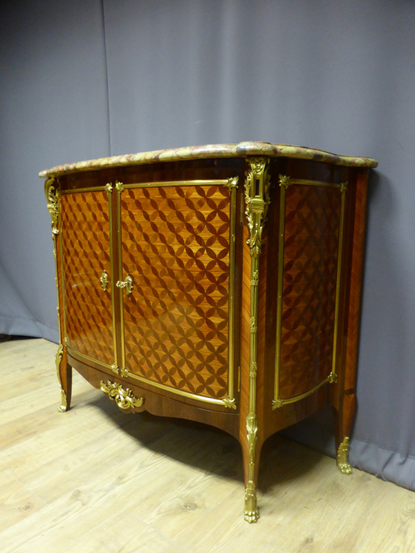 Marquetry sideboard stamped "Escalier de cristal Paris".