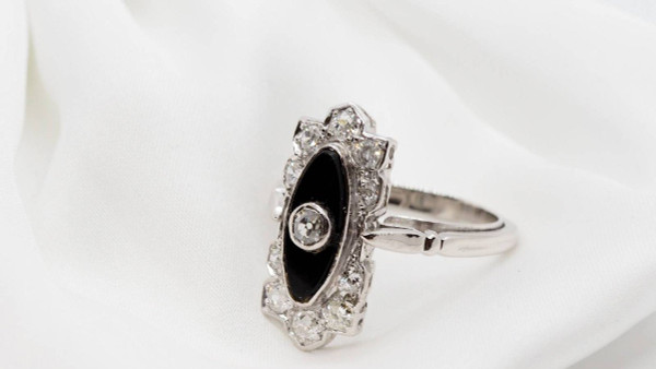 Art Deco Ring In Platinum, Onyx And Diamonds