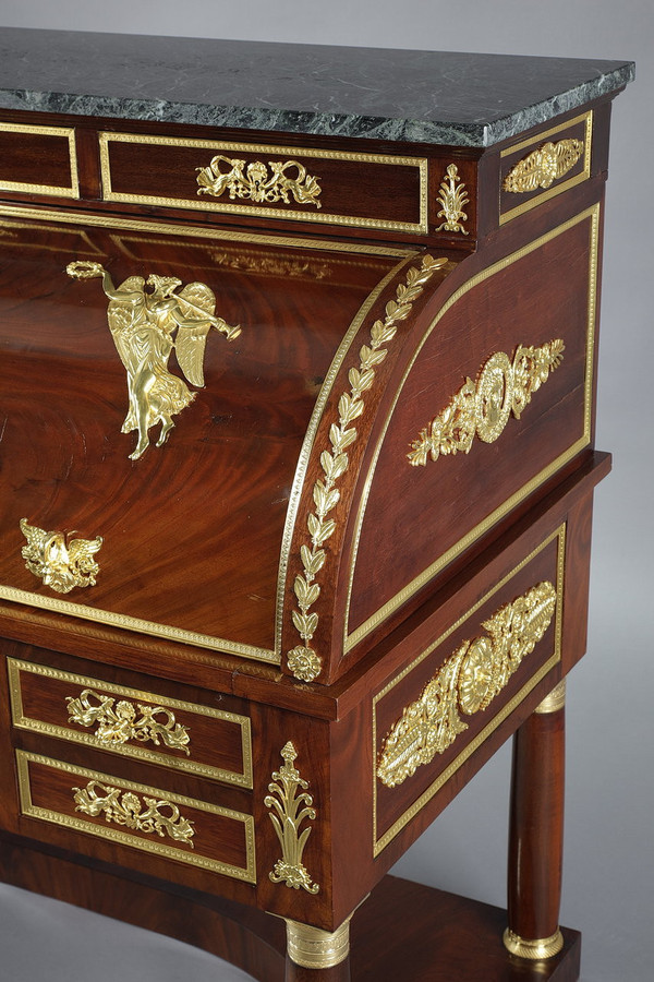 Cylinder desk, mahogany and bronzes with winged victory motifs, Empire style, 19th century