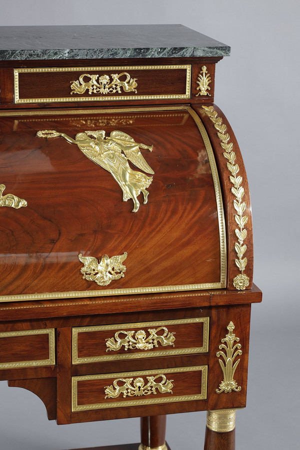 Cylinder desk, mahogany and bronzes with winged victory motifs, Empire style, 19th century