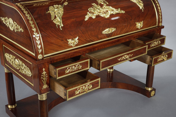 Cylinder desk, mahogany and bronzes with winged victory motifs, Empire style, 19th century